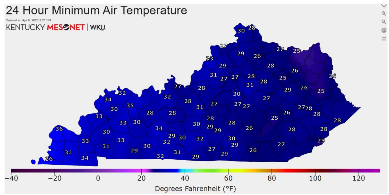 24 hour minimum air temperature Kentucky April 5 2025