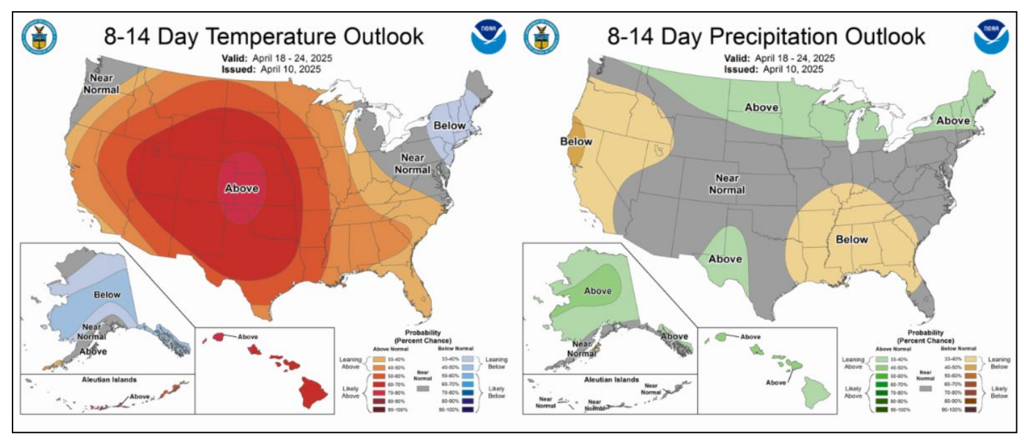 US temperature and precipitation outlook, April 2025
