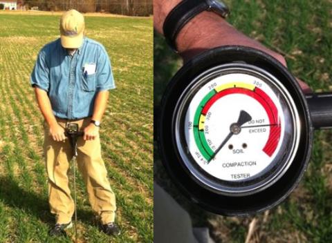 A soil penetrometer being used to diagnose soil compaction in a wheat field.